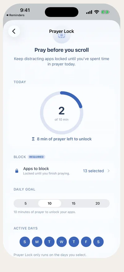Marian Prayer Lock setup showing a daily prayer-time goal and apps selected for blocking