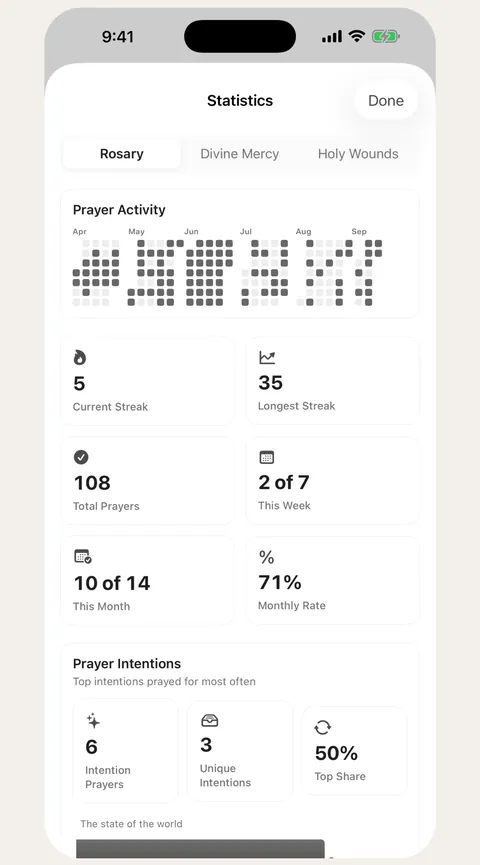 Marian statistics screen showing prayer activity, current streak, longest streak and total prayers